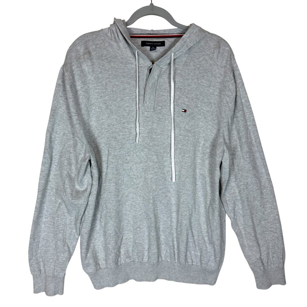 Tommy Hilfiger Henley Sweater Mens XL Gray Knitted Drawstring Long Sleeve Hooded